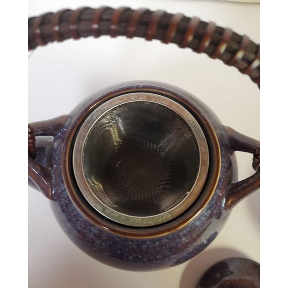 Teavana Stoneware Blue Glaze Tea Pot with Wicker Handle and 4 Cups - Picture 4 of 6